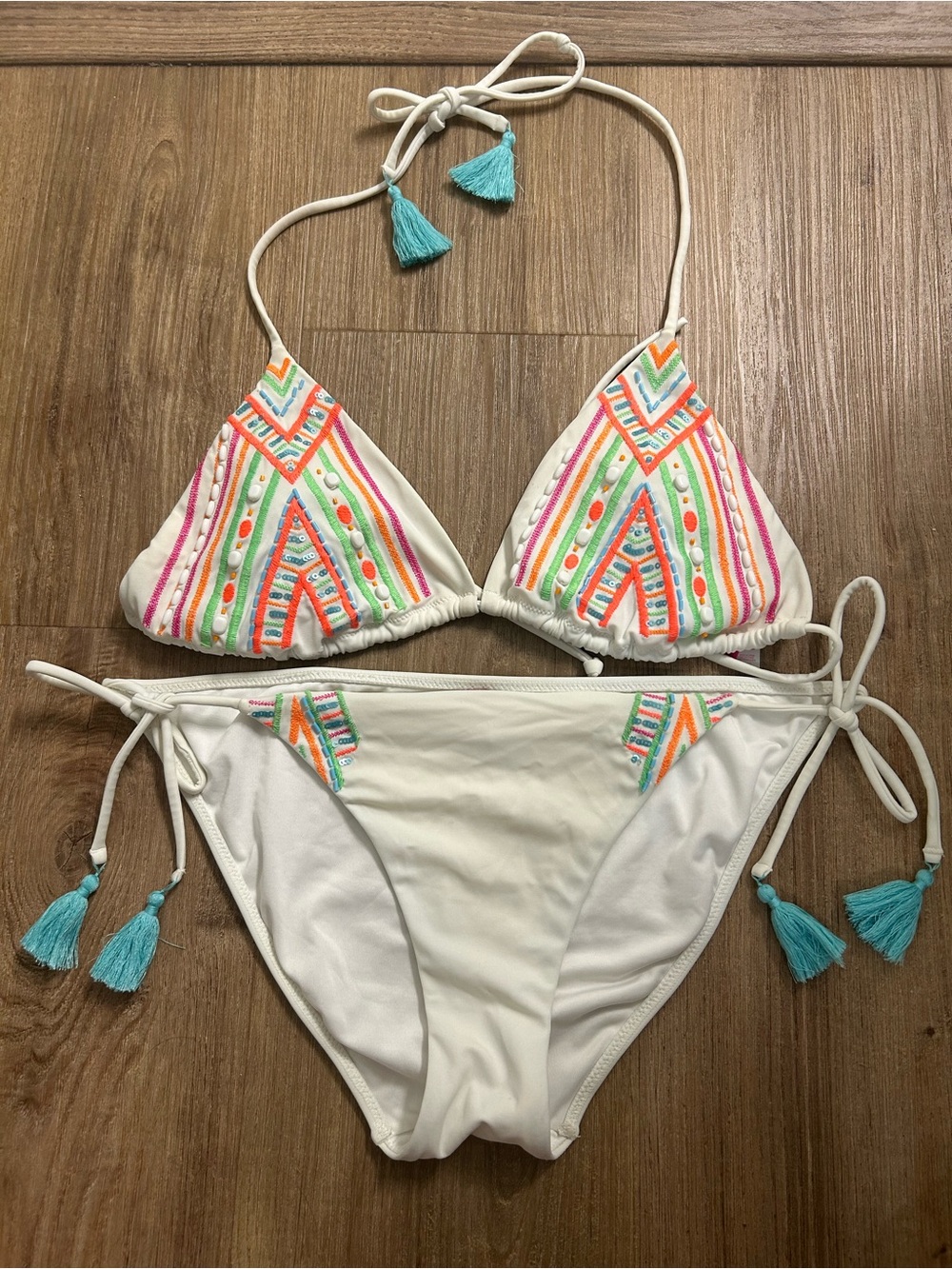 Victoria’s Secret White Embroidered and Beaded Bikini with Turquoise Tassels